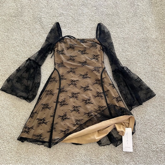 Whimsygoth Black Lace Overlay Fitted Mini Dress with Lace Bell Sleeves NWT - Picture 7 of 10
